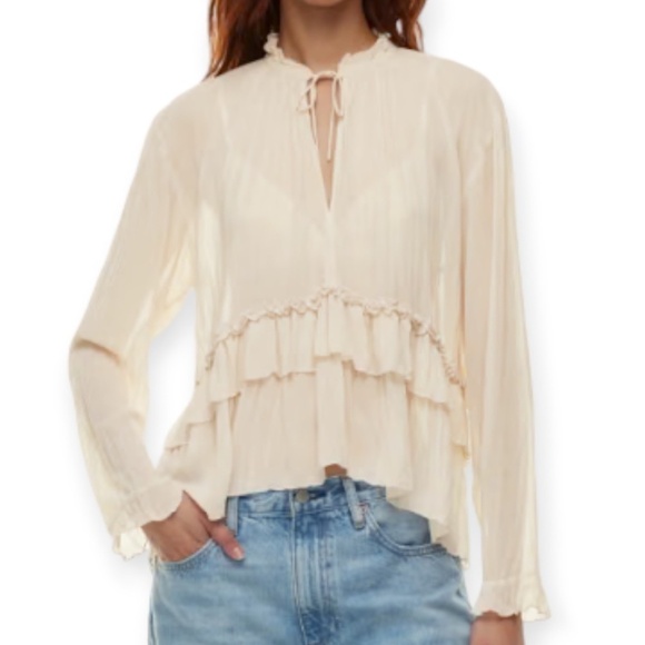 Aritzia Wilfred Decorum Matte Pearl Cream Blouse Chiffon ruffle blouse Sz Small - Picture 1 of 12